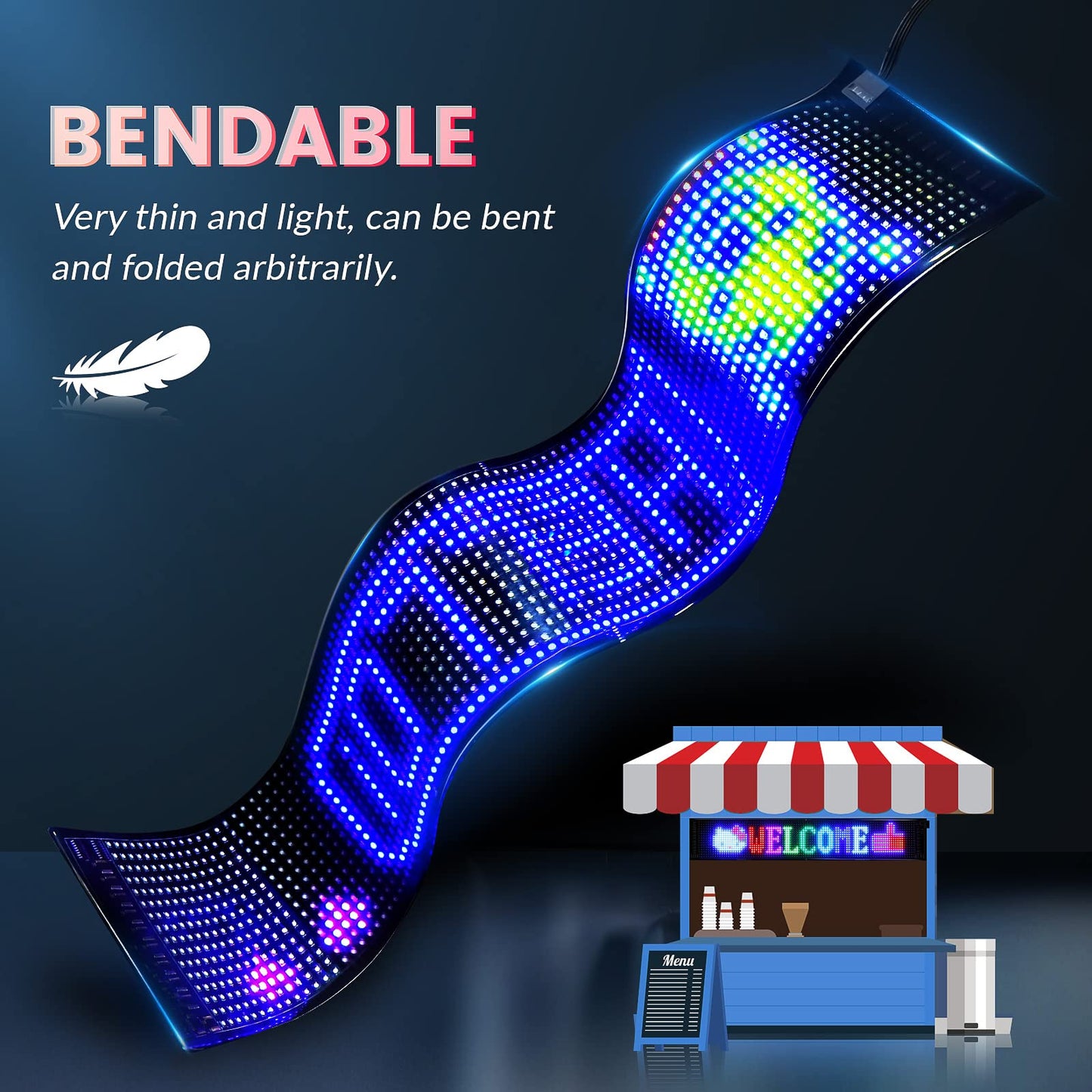 USB 5V LED Sign Screen, Bluetooth, App Control, Flexible, Programmable Custom Text Pattern Animation Scrolling Display for Car, Store, Party, Bar, Hotel, Concert